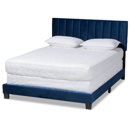 Baxton Studio Clare Navy Blue Velvet King Size Panel Bed with Tufted Headboard 163-10500